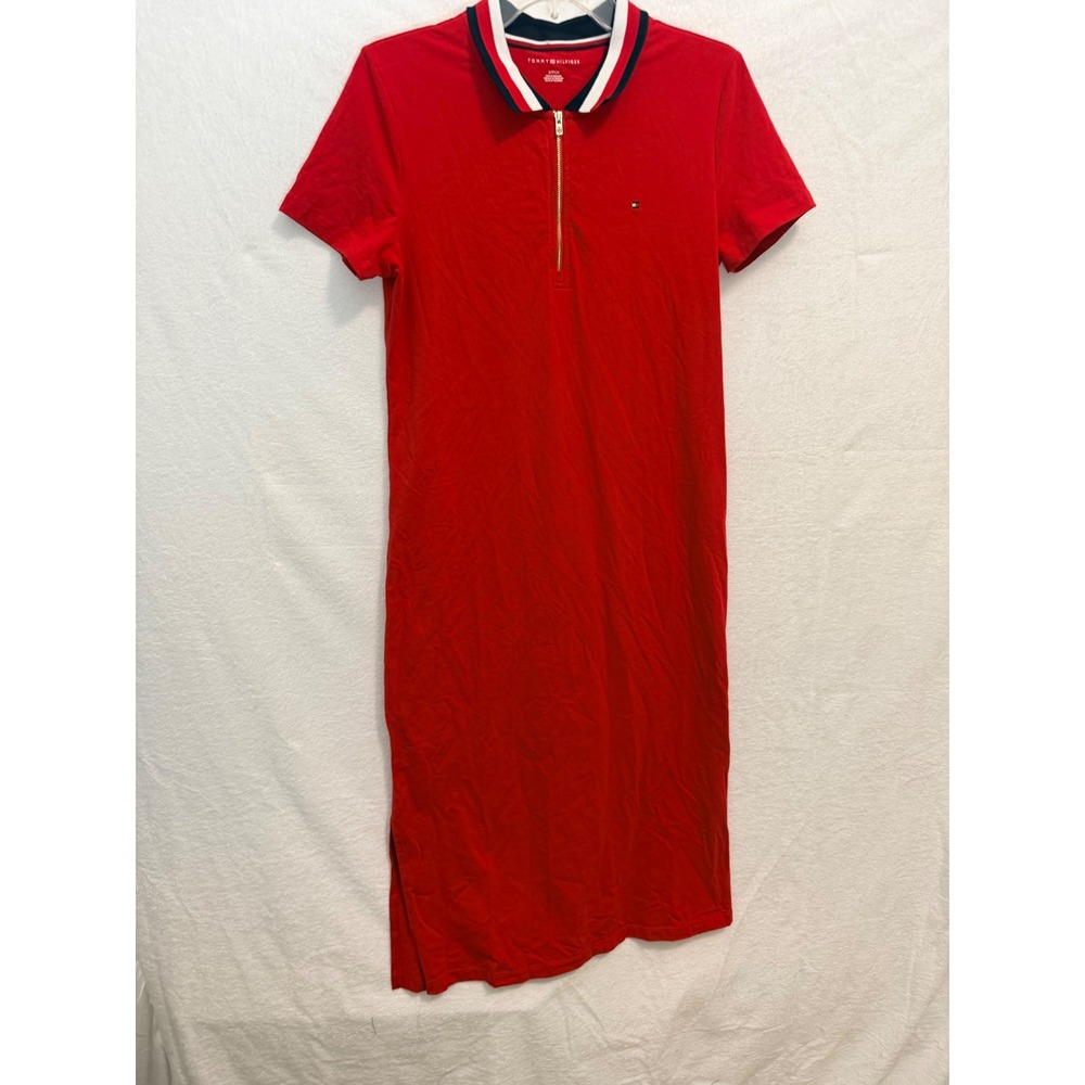 Tommy Hilfiger Womens Red Quarter Zip Polo Midi Dress Short Sleeve Size S
